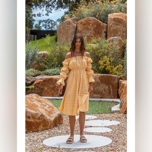 Nwt Girl and the Sun Del Mar Midi Cotton Dress • Yellow Blush Checkered • Small